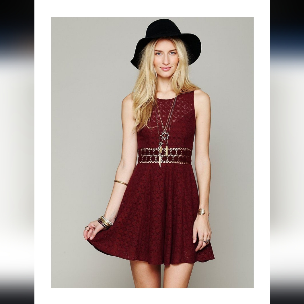 Free People Fitted With Daisies Red Floral A Line Fit Flare Mini Dress